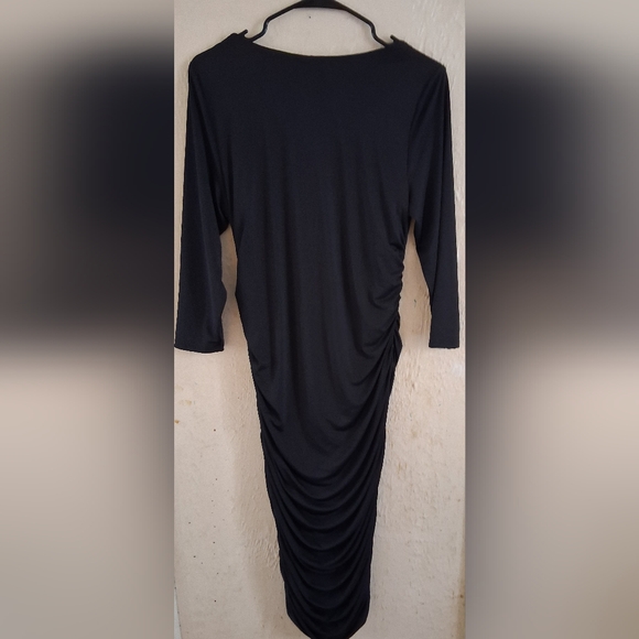 Venus Black Ruched Bodycon Dress Size L Elegant Stretch Midi - Picture 3 of 5